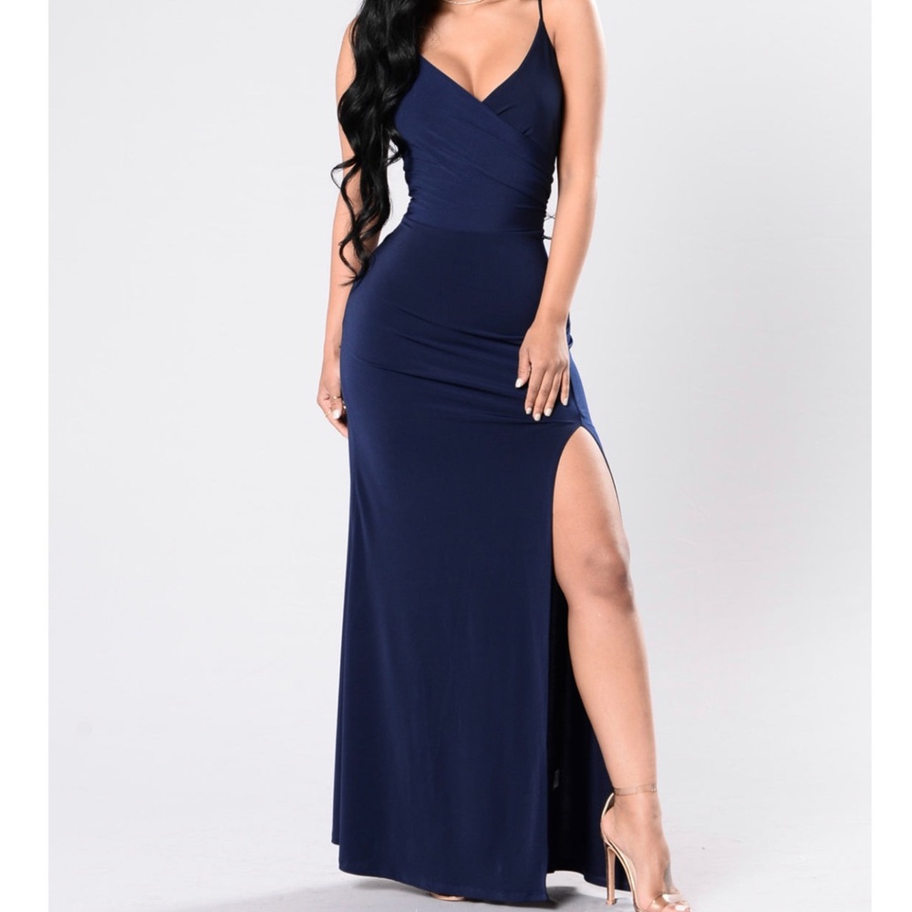 High front slit navy blue maxi dress. Deep neck line.